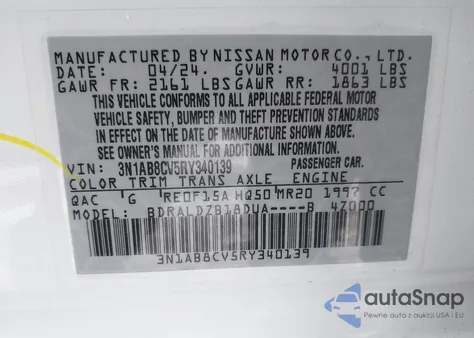 2024 Nissan Sentra Sv Xtronic Cvt из США, поврежденный, VIN 3N1AB8CV5RY340139